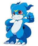  2017 3_toes 5_fingers ambiguous_gender anthro barefoot claws dagasi digimon fangs red_eyes scalie simple_background solo standing toes veemon 