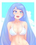  :d arms_behind_back bare_shoulders big_hair bikini blue_eyes blue_hair boku_no_hero_academia border breasts cleavage cloud collarbone cowboy_shot day eyelashes hadou_nejire halterneck highres long_hair medium_breasts navel open_mouth shiny shiny_hair shpo sky smile solo string_bikini swimsuit white_bikini 