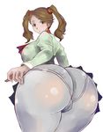  1girl artist_request ass blush breasts brown_eyes brown_hair cameltoe from_behind gundam gundam_build_fighters gundam_build_fighters_try hair_ornament huge_ass large_breasts long_hair looking_at_viewer panties panties_under_pantyhose pantyhose parted_lips sazaki_kaoruko shiny shiny_clothes shiny_hair sideboob simple_background skirt solo twintails underwear upskirt white_background white_legwear 