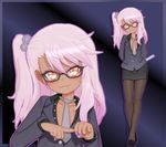 &gt;:) alternate_costume arms_behind_back bespectacled black-framed_eyewear black_footwear black_legwear black_skirt blush chloe_von_einzbern closed_mouth collarbone dark_skin fate/kaleid_liner_prisma_illya fate_(series) flat_chest full_body glasses grey_neckwear gs-mantis hair_bobbles hair_ornament lips long_hair long_sleeves looking_at_viewer multicolored multicolored_nails nail_polish naughty_face necktie no_bra outline pantyhose partially_unbuttoned pencil_skirt penetration_gesture pink_hair pink_nails purple_background purple_nails ruler semi-rimless_eyewear sexually_suggestive shoes skirt smile standing two-tone_background under-rim_eyewear upper_body v-shaped_eyebrows yellow_eyes 