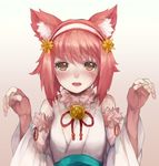  animal_ears blush breasts brown_eyes cat_ears fingerless_gloves fire_emblem fire_emblem_heroes fire_emblem_if fur_collar fur_trim gloves hairband halloween_costume jurge looking_at_viewer nekomata nontraditional_miko open_mouth paw_pose pink_hair sakura_(fire_emblem_if) sash short_hair simple_background small_breasts solo upper_body wide_sleeves 
