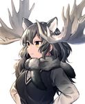  animal_ears antlers black_hair black_neckwear black_vest blurry brown_eyes depth_of_field extra_ears eyebrows_visible_through_hair foreshortening from_side fur_collar gradient_eyes grey_hair kemono_friends long_hair long_sleeves moose_(kemono_friends) moose_ears multicolored multicolored_eyes simple_background solo standing upper_body vest warabimochi_kinako white_background yellow_eyes 