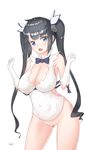  10s 1girl bell black_hair blue_eyes blush bottomless bowtie breasts cleavage cleavage_cutout covered_navel dungeon_ni_deai_wo_motomeru_no_wa_machigatteiru_darou_ka embarrassed female gloves hair_bell hair_ornament hair_ribbon harry_(dudwofla) hestia_(danmachi) impossible_clothes impossible_shirt large_breasts long_hair looking_at_viewer pussy rei_no_himo ribbed_shirt ribbon shirt simple_background sleeveless sleeveless_shirt solo standing surprised_arms twintails uncensored white_background white_gloves white_shirt 