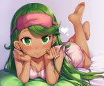  arm_support barefoot blush breasts dark_skin feet foreshortening green_eyes green_hair heart highres long_hair looking_at_viewer lying mao_(pokemon) medium_breasts on_stomach pillow pokemon pokemon_(anime) pokemon_sm_(anime) sleep_mask smile snowcanvas soles solo the_pose toes 