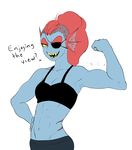  anthro clothed clothing eye_patch eyewear female fish flexing haaru hair long_hair marine muscular open_mouth ponytail sharp_teeth simple_background smile teeth text undertale undyne video_games white_background 