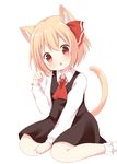 :o absurdres animal_ears bangs between_legs black_skirt black_vest blonde_hair blush bobby_socks cat_ears cat_girl cat_tail chatsune_(white_lolita) collared_shirt cravat eyebrows_visible_through_hair hair_between_eyes hair_ribbon hand_between_legs head_tilt highres kemonomimi_mode long_sleeves looking_at_viewer parted_lips red_eyes red_neckwear red_ribbon ribbon rumia shirt simple_background skirt socks solo tail touhou vest white_background white_legwear white_shirt 