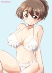  arm_behind_back arm_support bikini black_ribbon blue_background blush breasts breasts_apart brown_eyes brown_hair closed_mouth collarbone covered_nipples eyebrows_visible_through_hair frilled_bikini frills girls_und_panzer hair_ribbon koyama_yuzu large_breasts light_smile nakasawa_kei navel ponytail ribbon short_hair short_ponytail side-tie_bikini simple_background sitting solo swimsuit thighs twitter_username white_bikini 