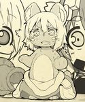  1boy 1girl 1other 3: animal_ears bangs commentary_request d: furry looking_at_another made_in_abyss minigirl monochrome monster_girl nanachi_(made_in_abyss) navel nejime open_mouth pants paws regu_(made_in_abyss) riko_(made_in_abyss) saliva sepia short_hair standing surprised worried 