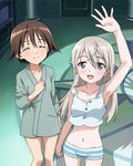  2girls blush breasts brown_hair eila_ilmatar_juutilainen eyes_closed groin long_hair looking_at_viewer miyafuji_yoshika multiple_girls navel purple_eyes short_hair shorts silver_hair small_breasts smile standing strike_witches world_witches_series 