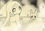  1girl 1other animal_ears bare_arms bare_shoulders blush closed_mouth commentary_request furry hair_between_eyes long_hair looking_at_viewer made_in_abyss monochrome monster_girl naked_towel nanachi_(made_in_abyss) nejime partially_submerged riko_(made_in_abyss) sepia steam sweatdrop towel towel_on_head water 