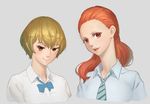  :d ;) aion_(warpfield) ballroom_e_youkoso blue_neckwear brown_eyes highres hiyama_chinatsu koumoto_akira light_brown_hair long_hair looking_at_viewer multiple_girls one_eye_closed open_mouth red_eyes red_hair school_uniform shirt short_hair smile striped striped_neckwear upper_body white_shirt 