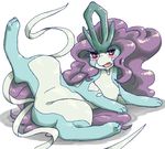  2015 ambiguous_gender anatomy_error blue_fur blush chiji claws feral fur hair legendary_pok&eacute;mon looking_at_viewer lying nintendo on_side open_mouth pok&eacute;mon pok&eacute;mon_(species) purple_hair red_eyes simple_background solo spread_legs spreading suicune video_games white_background white_fur 
