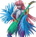  aqua_eyes bad_id bad_pixiv_id collarbone commentary feathers grey_skin guitar harpie_lady harpy highres instrument long_hair monster_girl open_mouth pink_hair pointy_ears solo standing talons tipsypaipai yuu-gi-ou 