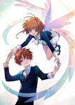  1girl achan_(blue_semi) blush brown_eyes brown_hair cardcaptor_sakura couple green_eyes hetero highres kinomoto_sakura li_xiaolang magical_girl school_uniform short_hair smile tomoeda_middle_school_uniform wings 