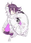  arm_on_head checkered checkered_scarf danganronpa miduki_toya new_danganronpa_v3 ouma_kokichi purple_eyes purple_hair scarf simple_background sitting straitjacket 