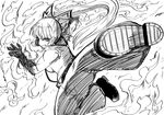  absurdres bangs blunt_bangs boots bow burning_hand clenched_teeth fire flying_kick foreshortening fujiwara_no_mokou greyscale hair_bow highres himajin_noizu kicking long_ponytail looking_at_viewer monochrome muscle muscular_female open_hand shirt short_hair sleeveless sleeveless_shirt solo suspenders teeth torn_clothes torn_sleeves touhou 