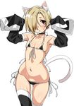  animal_ears bare_shoulders bikini black_bikini black_legwear black_sleeves blonde_hair blush brown_eyes cat_ears cat_tail chikuishi choker collarbone commentary_request detached_sleeves earrings flat_chest front-tie_top hair_over_one_eye hands_up hips idolmaster idolmaster_cinderella_girls jewelry micro_bikini navel piercing shirasaka_koume short_hair side-tie_bottom simple_background sleeves_past_fingers sleeves_past_wrists solo swimsuit tail thighs white_background 