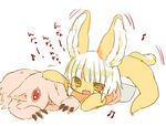  :3 :d animal_ears bangs beamed_eighth_notes blunt_bangs claws creature eighth_note eyebrows_visible_through_hair fangs furry horizontal_pupils long_hair lying made_in_abyss mitty_(made_in_abyss) monster_girl musical_note nanachi_(made_in_abyss) nekotorina on_stomach open_mouth paws playing red_eyes simple_background smile white_background white_hair yellow_eyes 