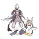  1other :3 animal_costume animal_ears bondrewd cape commentary_request ears_through_headwear eyebrows_visible_through_hair fang fur furry green_eyes hare_(tetterutei) helmet highres long_hair looking_at_viewer made_in_abyss nanachi_(made_in_abyss) parted_lips penguin_costume simple_background standing walking white_background white_hair 