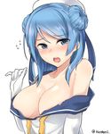  absurdres arm_up blue_eyes blue_hair blush breasts collarbone double_bun embarrassed eyebrows_visible_through_hair flying_sweatdrops gloves hat highres kantai_collection kiritto large_breasts long_hair looking_at_viewer off_shoulder open_mouth simple_background solo teeth torn_clothes twitter_username upper_body urakaze_(kantai_collection) white_background white_gloves white_hat yellow_neckwear 