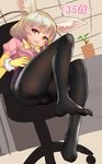  animal_ears ass bangs black_legwear blonde_hair blouson_chiemi blush bow bowtie breast_pocket breasts chair choir_(artist) commentary_request elbow_gloves eyebrows_visible_through_hair fennec_(kemono_friends) fox_ears fur_trim gloves highres indoors kemono_friends legs looking_at_viewer no_pants pantyhose parody pink_lips pink_shirt plant pocket potted_plant red_eyes rolling_chair shiny shiny_clothes shirt short_hair short_sleeves sitting small_breasts smile solo thighband_pantyhose thighs toes wrist_cuffs yellow_gloves yellow_neckwear 