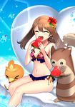  &gt;_&lt; :d ^_^ ^o^ absurdres bare_arms bare_legs bare_shoulders bikini blue_eyes blush breasts brown_hair cleavage closed_eyes eating eyebrows_visible_through_hair floral_print flower food frilled_bikini frills furret gen_2_pokemon gen_3_pokemon hair_flower hair_ornament haruka_(pokemon) heart hibiscus highres holding holding_food long_hair medium_breasts navel open_mouth pokemon pokemon_(creature) pokemon_(game) pokemon_rse ribbon side-tie_bikini sitting smile soaking_feet stomach swimsuit teeth thighs torchic upper_teeth water water_drop watermark yellow_ribbon yuihiko 