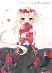  artist_name asymmetrical_hair bangs bare_shoulders black_dress blonde_hair blue_eyes blush bouquet bow commentary_request cover cover_page covered_mouth doujin_cover dress eyebrows_visible_through_hair flower flower_wreath hair_between_eyes hair_ribbon head_wreath highres holding holding_bouquet layered_dress long_hair looking_at_viewer original petals pink_flower pink_rose red_bow red_flower red_rose ribbon rose rose_petals simple_background sleeveless sleeveless_dress solo tia-chan uchuuneko very_long_hair white_background white_flower white_ribbon white_rose 