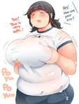  1girl black_hair blush breast_hold breasts engrish eyes_closed fat huge_breasts obese open_mouth plump shimejix short_hair smile solo sweat 