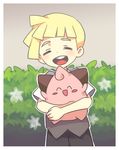  blonde_hair child cleffa closed_eyes gen_2_pokemon gladio_(pokemon) holding holding_pokemon male_focus open_mouth pokemon pokemon_(creature) pokemon_(game) pokemon_sm short_hair shorts smile vest younger yoyterra 