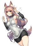  animal_ears bangs bike_shorts black_bow blush bow breasts brown_eyes brown_hair closed_mouth dutch_angle eyebrows_visible_through_hair fox_ears fox_shadow_puppet fox_tail grey_sweater hair_bow hands_up heart long_hair looking_at_viewer low-tied_long_hair medium_breasts original ribbed_sweater shikino_yuki sideboob simple_background sleeveless smile solo sweater tail very_long_hair white_background 
