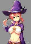  :p belt blush boudica_(fate/grand_order) bra breasts cleavage earrings fate/grand_order fate_(series) green_eyes grey_background halloween_costume hat highleg highleg_panties highres jewelry kyu_(wein-seria) large_breasts looking_at_viewer magic navel panties red_hair short_hair short_ponytail signature solo star tongue tongue_out underboob underwear wand white_bra white_panties witch_hat 