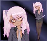  &gt;:) alternate_costume arms_behind_back bespectacled black-framed_eyewear black_footwear black_legwear black_skirt blush chloe_von_einzbern closed_mouth collarbone dark_skin fate/kaleid_liner_prisma_illya fate_(series) flat_chest full_body glasses grey_neckwear gs-mantis hair_between_eyes hair_bobbles hair_ornament lips long_hair long_sleeves looking_at_viewer multicolored multicolored_nails multiple_views nail_polish naughty_face necktie no_bra outline pantyhose partially_unbuttoned pencil_skirt pink_hair purple_background ruler semi-rimless_eyewear shoes skirt smile standing two-tone_background under-rim_eyewear upper_body v-shaped_eyebrows yellow_eyes zoom_layer 