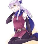  ban_(amdb) bare_shoulders black_gloves black_legwear blue_scarf blush dress elbow_gloves fingerless_gloves fire_emblem fire_emblem:_akatsuki_no_megami gloves hair_ribbon half_updo hand_in_hair long_hair micaiah pantyhose ribbon scarf short_dress side_slit silver_hair simple_background sitting sleeveless sleeveless_dress smile solo wariza white_background yellow_eyes 