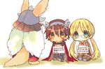  1girl 1other :| animal_ears blonde_hair blue_eyes blush brown_hair cape closed_mouth ears_through_headwear facial_mark gloves green_eyes hair_between_eyes jacket long_hair made_in_abyss monster_girl multicolored multicolored_eyes nanachi_(made_in_abyss) nekotorina pants pet_shaming red_eyes regu_(made_in_abyss) riko_(made_in_abyss) sign sign_around_neck simple_background sitting standing tail translated wariza white_background white_hair 