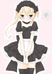  apron asymmetrical_hair bangs black_bow black_hairband black_legwear black_shirt black_skirt blonde_hair blue_eyes blush bow closed_mouth detached_collar eyebrows_visible_through_hair frilled_sleeves frills hair_between_eyes hairband highres lolita_hairband long_hair looking_at_viewer maid original pink_background pleated_skirt shirt simple_background skirt solo sparkle spoken_squiggle squiggle thighhighs tia-chan uchuuneko waist_apron wavy_mouth white_apron 