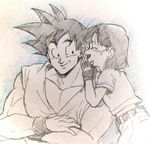  1girl bare_chest black_eyes black_hair closed_eyes dougi dragon_ball dragon_ball_gt eyebrows_visible_through_hair fingerless_gloves gloves grandfather_and_granddaughter happy looking_at_another monochrome ochanoko_(get9-sac) open_mouth pan_(dragon_ball) short_hair simple_background smile son_gokuu spiked_hair whispering wristband 