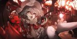  bat_wings candle dress eating fingernails fire hair_between_eyes hat indoors messy mob_cap no-kan open_mouth red_eyes red_ribbon remilia_scarlet ribbon silver_hair solo thighhighs tongue tongue_out touhou wavy_hair white_background wings wrist_ribbon 