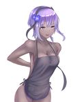  apron black_hairband breasts cleavage dark_skin fang fate/grand_order fate_(series) flower hair_flower hair_ornament hairband hassan_of_serenity_(fate) highres medium_breasts naked_apron open_mouth pleasure_mussel purple_eyes purple_hair short_hair simple_background solo strap_gap thighs wavy_mouth white_background 