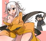  1girl :d :o ^_^ ahoge blush braid breasts cleavage closed_eyes embarrassed fate/grand_order fate_(series) fujimaru_ritsuka_(male) japanese_clothes kimono large_breasts long_hair obi_spin off_shoulder ohitashi_netsurou olga_marie_animusphere open_mouth side_braid silver_hair smile yellow_eyes 