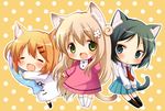  :d ^_^ ^o^ animal_ears black_hair blue_eyes cat_ears cat_tail closed_eyes commentary_request doll_hug dress green_eyes hair_ornament hairclip long_hair maa_(nyanko_days) multiple_girls necktie nyanko_days open_mouth oumi_neneha parted_lips pleated_skirt polka_dot polka_dot_background purple_dress rou_(nyanko_days) shii_(nyanko_days) short_hair silver_hair skirt smile stuffed_animal stuffed_fish stuffed_toy suspenders tail thighhighs white_dress zettai_ryouiki 