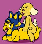  2017 animal_crossing ankha anthro benjamin_(animal_crossing) blue_hair blush canine cat digital_media_(artwork) dog egyptian feline female fur hair male male/female mammal mr.under nintendo nude open_mouth sex simple_background smile tongue video_games yellow_fur 