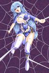  1girl areolae blood blue_eyes blue_hair blue_lotus_(flower_knight_girl) blush bondage boots breasts bruise cleavage cuts flower_knight_girl hair_tubes helpless large_breasts long_hair looking_at_viewer nipples open_mouth panties restrained shiny shiny_clothes shiny_hair shiny_skin solo spider_web tears thigh_boots thighhighs tongue torn_clothes torn_thighhighs very_long_hair yakkey 