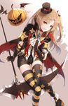  asymmetrical_legwear azur_lane bangs brown_eyes cape cleveland_(azur_lane) deal_with_it elbow_gloves fingerless_gloves gloves hair_ornament hat jack-o'-lantern light_brown_hair limeblock long_hair looking_at_viewer meme mini_hat mini_top_hat one_side_up parted_bangs parted_lips pointy_ears scythe shorts smile star star_print striped striped_legwear sunglasses thighhighs top_hat torn_cape 
