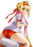  ahoge arm_support artist_name ass blonde_hair blush buruma closed_mouth fate/grand_order fate_(series) green_eyes gym_uniform hair_intakes hair_ribbon hijiri_ruka kneepits leaning_forward looking_at_viewer nero_claudius_(fate) nero_claudius_(fate)_(all) olympian_bloomers red_ribbon ribbon shiny shiny_hair shirt short_hair short_sleeves sitting smile solo spread_legs straddling sweat thighs towel towel_around_neck trefoil vaulting_horse white_shirt 