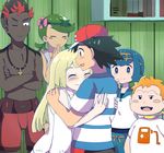  3girls black_hair blonde_hair blue_eyes blue_hair blue_shirt blush blush_stickers circlet flower green_hair hetero hug jewelry kaki_(pokemon) kuriyama lillie_(pokemon) mamane_(pokemon) mao_(pokemon) multicolored_hair multiple_boys multiple_girls necklace orange_hair pokemon pokemon_(anime) pokemon_sm_(anime) red_hair red_shorts satoshi_(pokemon) shirt shorts striped striped_shirt suiren_(pokemon) twintails two-tone_hair white_shirt 