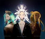  androgynous arkenstone beard blonde_hair commentary commentary_request crossover crystal_hair dark_skin facial_hair fusion green_hair houseki_no_kuni long_hair looking_at_viewer lord_of_the_rings multiple_others personification silmarillion silver_hair the_hobbit the_one_ring upper_body 