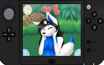  &lt;3 3ds black_hair blue_fur breasts canine cynder_dreamcast disembodied_hand female fox fur grass hair mammal medicatedcannibal nintendo pok&eacute;mon smile solo tree video_games white_fur 