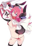  argyle argyle_legwear armor ass bikini bikini_armor blade_(galaxist) blush breasts butt_crack cape cowboy_shot d: elbow_gloves elizabeth_bathory_(brave)_(fate) elizabeth_bathory_(fate)_(all) eyebrows_visible_through_hair fang fate/grand_order fate_(series) from_behind gem gloves hair_between_eyes hairband hands_up holding holding_sword holding_weapon horn_ornament horns looking_at_viewer looking_back loose_bikini lowleg lowleg_bikini open_mouth pink_hair shoulder_armor silver_trim simple_background skindentation small_breasts solo spaulders standing swimsuit sword tail thighhighs vambraces wardrobe_malfunction weapon white_background white_cape 
