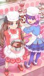  apron black_bow blue_eyes blue_jacket bow brown_hair chef_hat chocolate cooking craft_essence dress fate/grand_order fate_(series) food hair_bow hat jacket juliet_sleeves kitchen_patissiere long_sleeves matou_sakura muffin multiple_girls nekotawawa official_art open_mouth puffy_sleeves purple_bow purple_eyes purple_footwear purple_hair purple_legwear purple_scarf purple_skirt red_dress red_footwear scarf shoes skirt smile thighhighs toosaka_rin twintails white_apron white_bow white_hat younger 