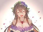  ^_^ bare_shoulders breasts brown_hair cleavage closed_eyes dress facing_viewer flower granblue_fantasy hair_between_eyes hair_flower hair_ornament highres kakage large_breasts long_hair open_mouth petals rose rosetta_(granblue_fantasy) smile solo upper_body 